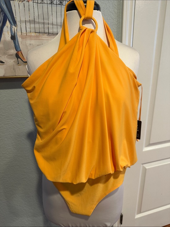 Express Tops - Express Sz Medium Marigold Halter Ring Draped Bodysuit • NWT!